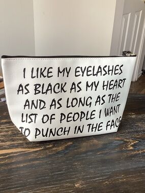 Amazon I like my eyelashes Quote black and white cosmetic bag